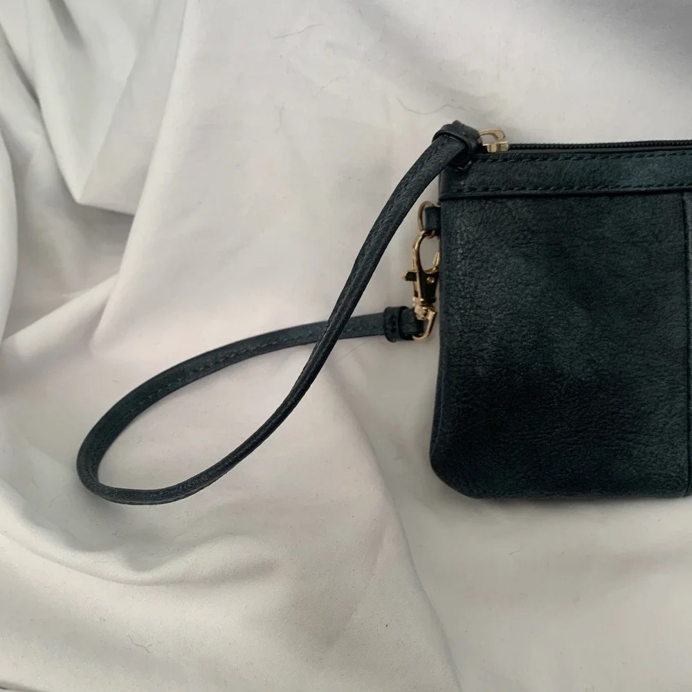Wilsons Leather Wristlet Pouch Dark Teal Blue Pebbled Leather Gold Hardware Mini